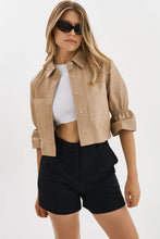 Load image into Gallery viewer, Flounce Sleeve Beige Cropped Leather Jacket
