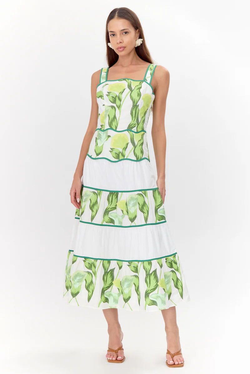Lisha Tiered Blocked Embroidered Midi Dress