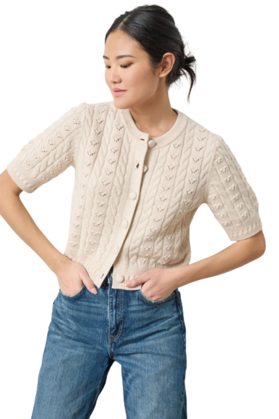 Short Sleeve Cardigan Sweater - Oat