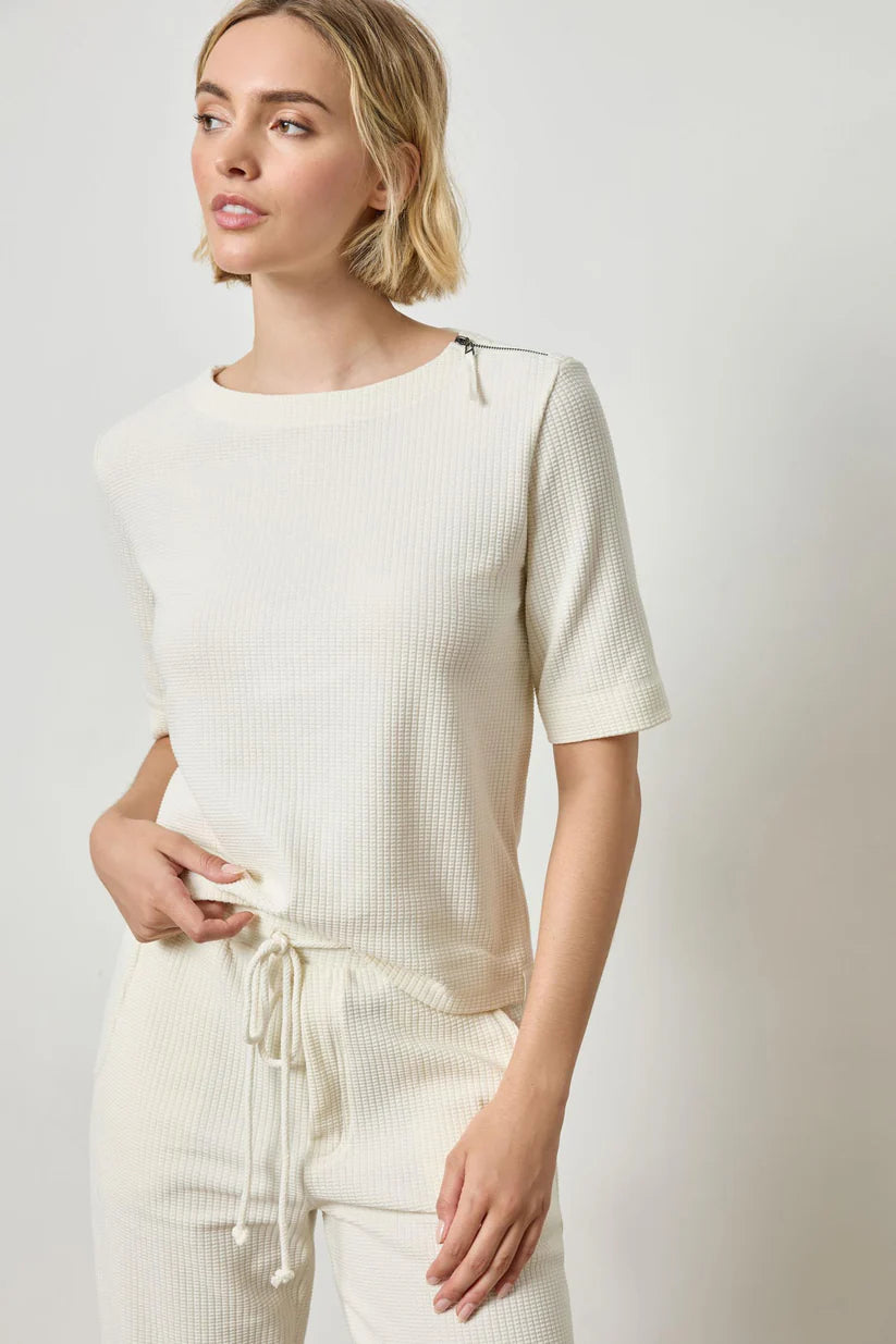 Zippered Elbow Sleeve Crewneck - Ecru